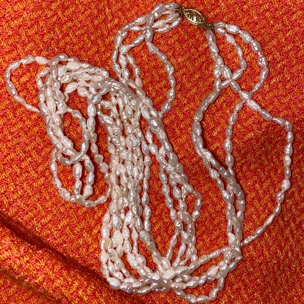 Vintage 4 strand real freshwater rice pearl necklace - 60cm with 14k gold clasp